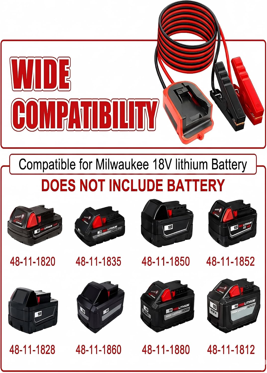 Battery Jumper Adapter for Milwaukee 18V Batteries, Portable Car Emergency Starter Cable with Safety Protection, Vehicle Rescue Tool