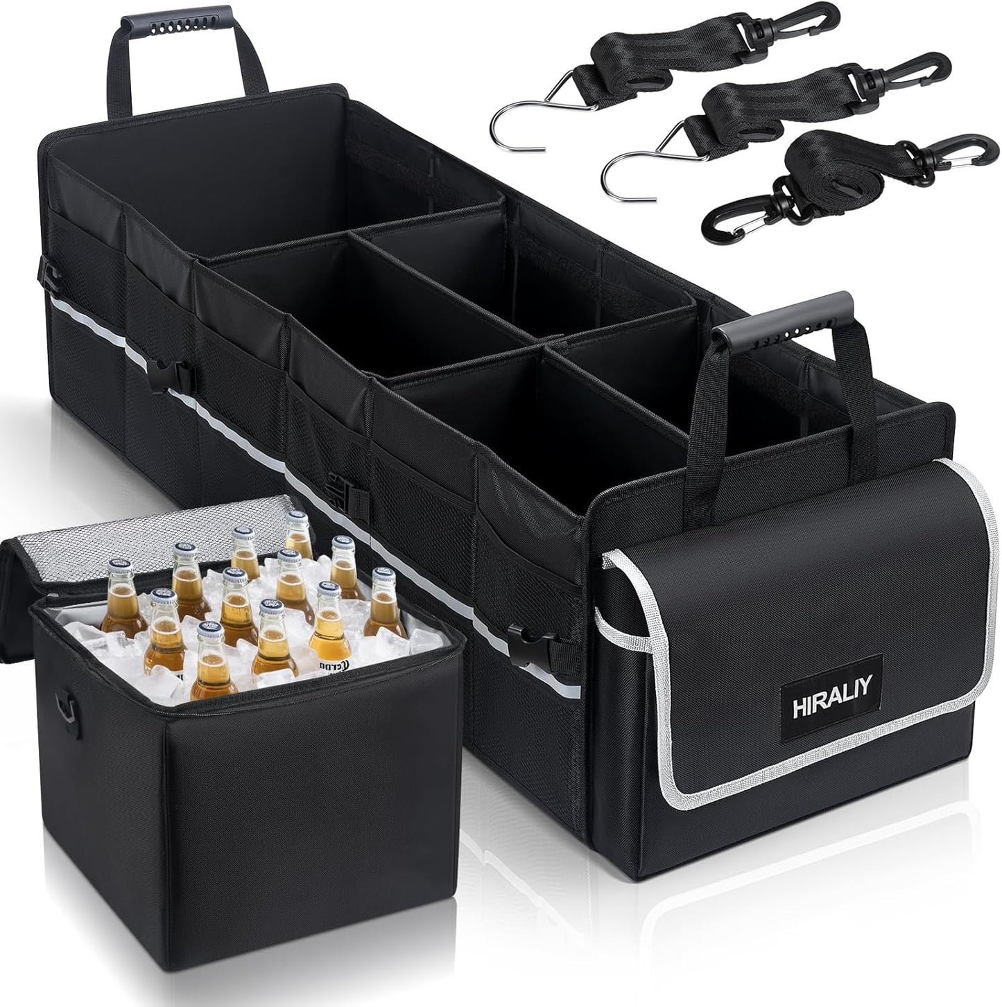 HIRALIY 4 in 1 Car Trunk Storage Organizer with Leakproof Cooler Bag, Multi-Compartment Foldable Trunk Storage Box for Car Truck SUV Gray
