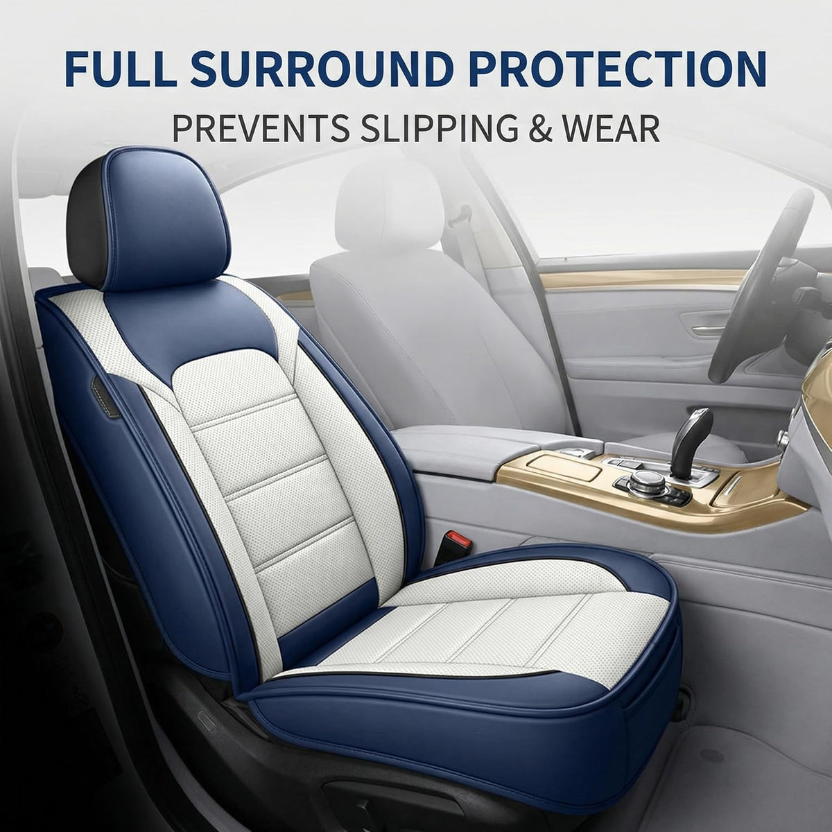 YQ FU Leather Seat Covers Blue White Full Set w/ 2 Pillows Universal 2 Row