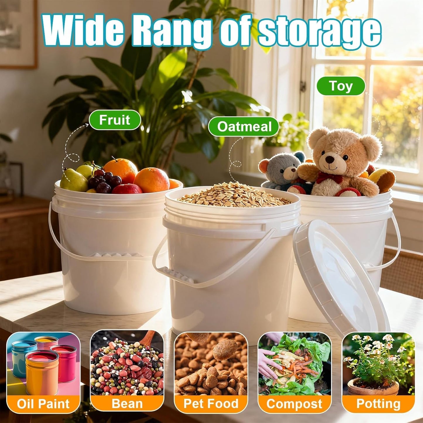 3PCS 2.5 Gal White Buckets Set, Durable Plastic Storage Containers with White Lids & Handles, Food Grade Pail for Home, Paint & Water Storage