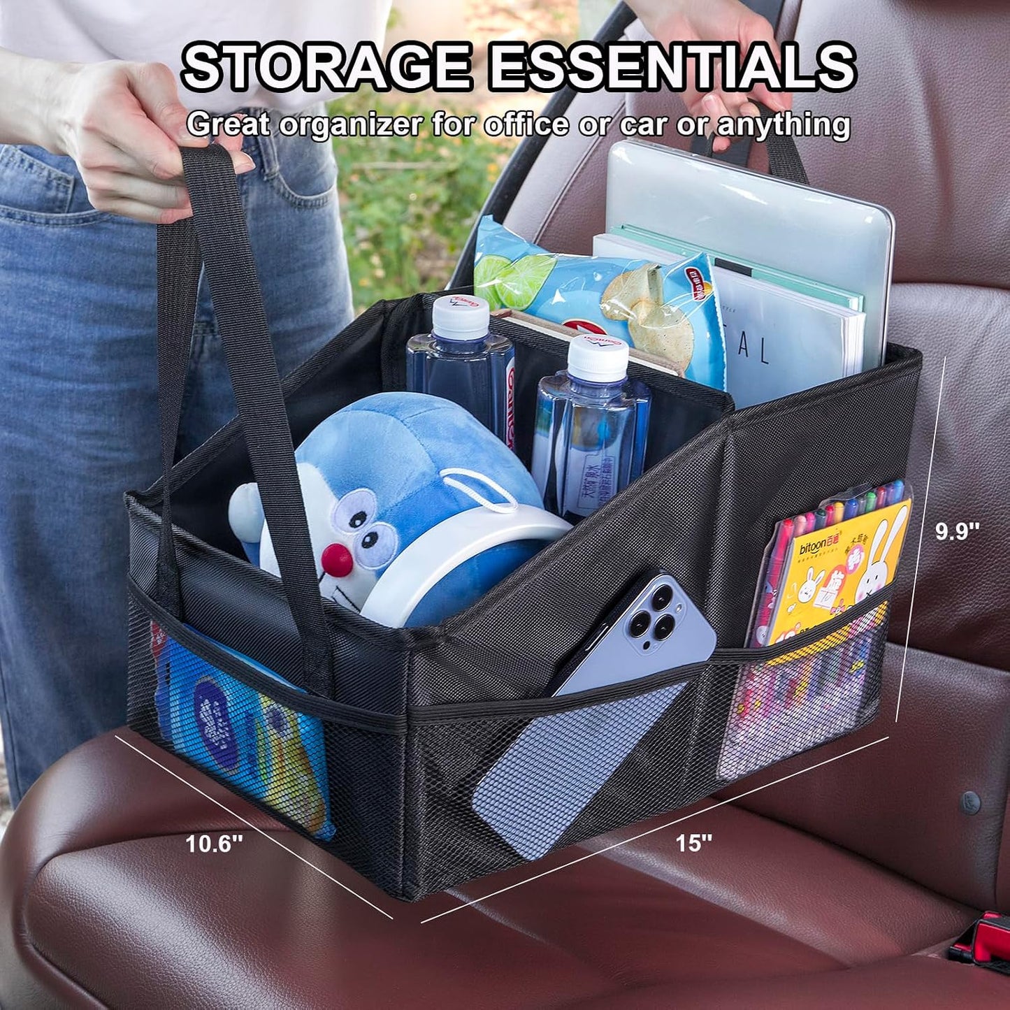 Front-Back Seat Car Organizer Box - Portable Passenger Seat Organizer, Odorless Fabric Car Seat Organizer, Universal Foldable Auto Seat Storage Caddy for Kids & Adults Road Trip Essentials (Black)