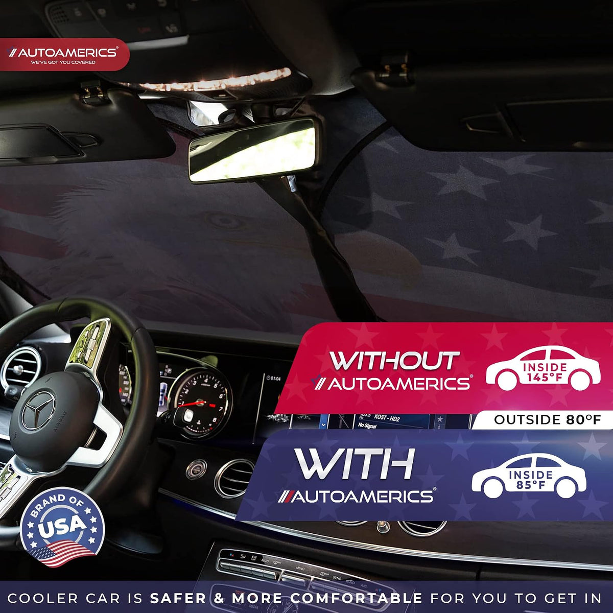 Autoamerics 1-Piece Windshield Sun Shade American Eagle Flag - 2 USA Patriotic Design - Foldable Car Front Window Sunshade for Sedans SUV Truck - Blocks Max UV Rays and Keeps Your Vehicle Cool Medium