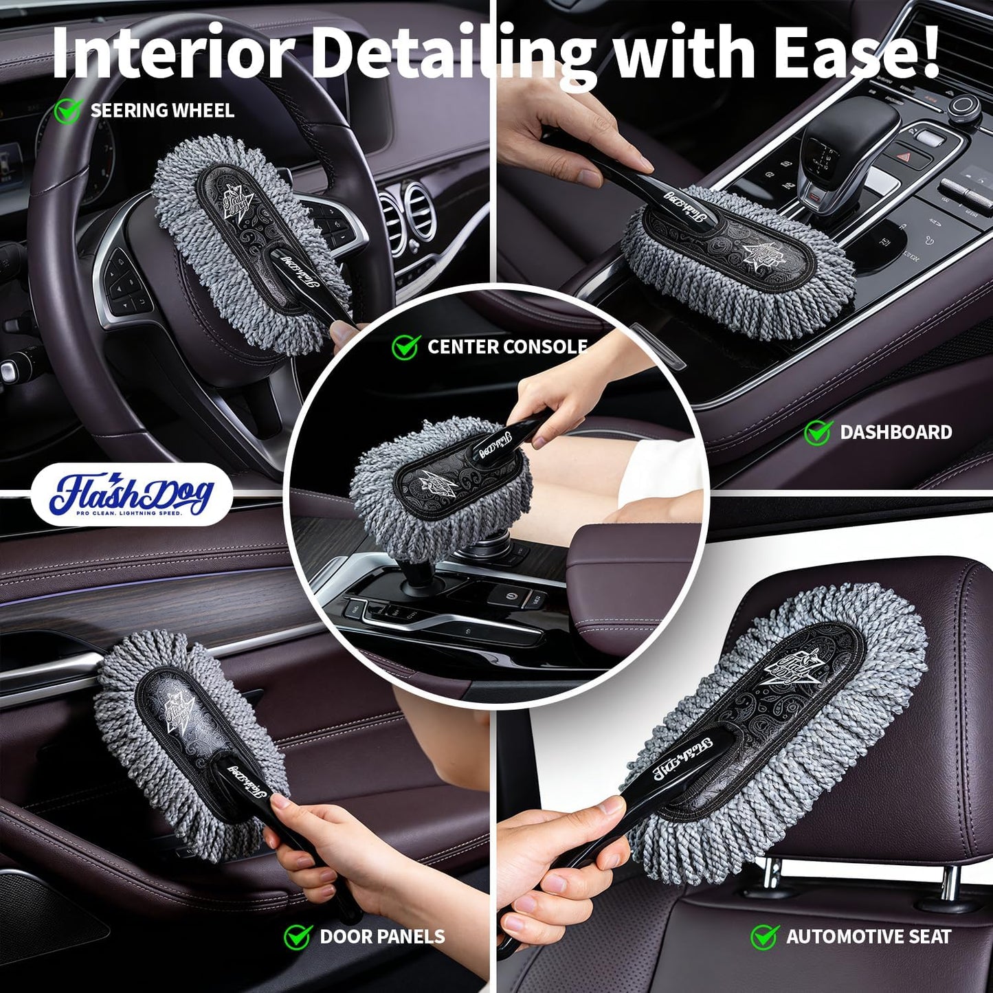 Flash Dog Car Duster Exterior with Car Duster Interior | Wax Cotton Hair Scratch Free Cleaning for Cars, SUVs, Trucks | Waterless Dust Remover &amp; Detailing Brushes Set with Storage