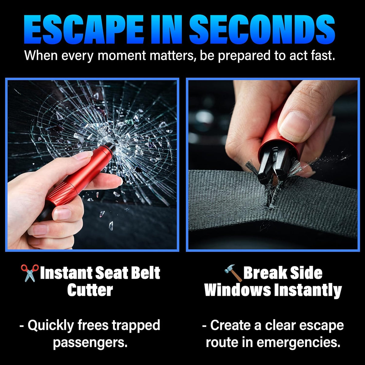 5Pcs Safety Hammer Emergency Car Escape Tool, Window Breaker Seatbelt Cutter with Base, Glass Breaker Under Water Auto Rescue Tool 2 in 1 for Every Driver