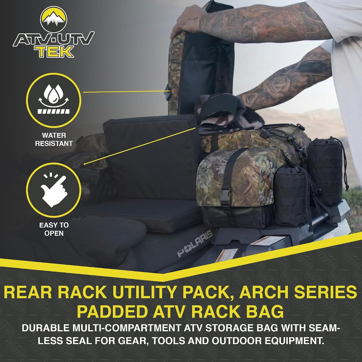 ATV TEK Arch Series Oversized Rear Rack Utility Pack, Padded ATV Cargo Bag in Kings Mountain Shadow Camo, Spacious Multi-Compartment ATV Storage Bag with Seamless Seal for Gear and Trail Essentials.