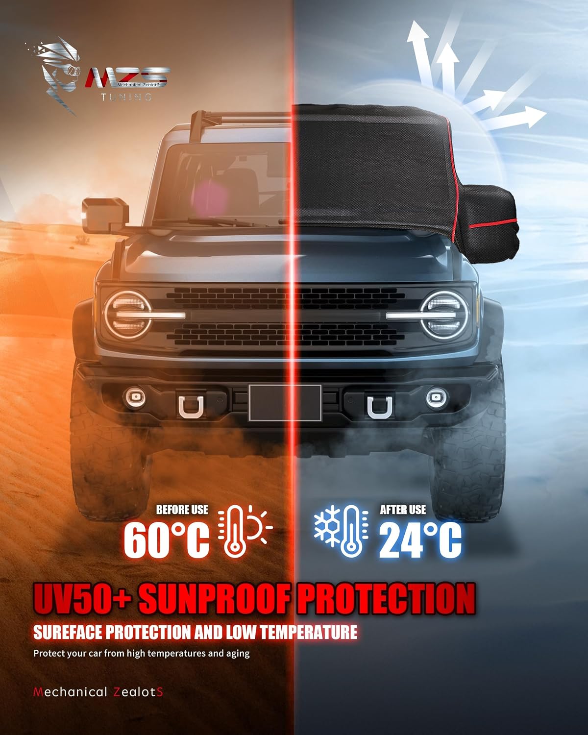 MZS Cab Cover Compatible with Bronco 4 Door 2021-2026, 600D Waterproof Bronco Cover with Driver Door Zipper 8 Gust Hook Car Half Cover Windproof Sun Snow Rain Scratch Protection