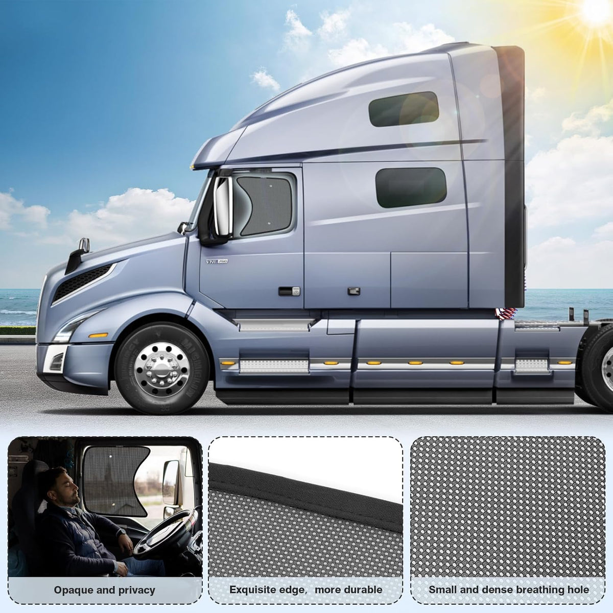 KUST 2PCS 23''*21.6'' Side Window Shades for Semi Truck/Heavy Duty Truck - Freightliner Cascadia, Volvo, Mack, Kenworth, Peterbilt, International LT, Western Star - Mesh Shade - Truck Accessories