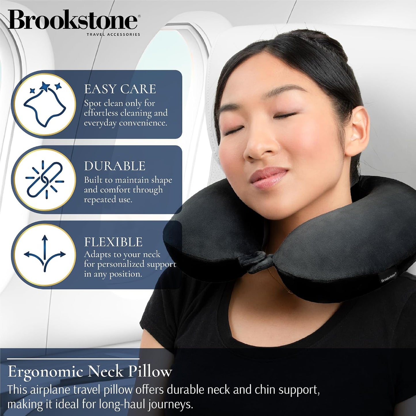 Brookstone Travel Neck Pillow - Lightweight U-Shaped Memory Foam Travel Pillow for Airplane, Car Travels & Sleeping, Black