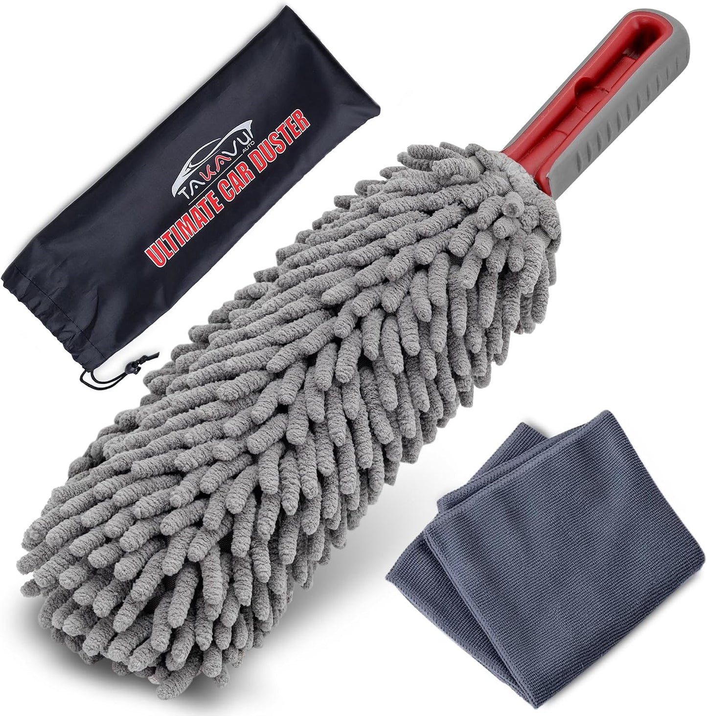 TAKAVU Car Duster Interior, 360° Microfiber Fingers, Lint & Scratch Free | Unbreakable Comfort Handle Duster, Includes Microfiber Towel, Lint-Free & Safe for Car & Home Interior, Gray