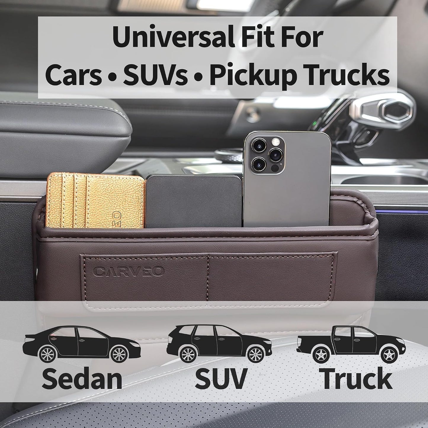 Car Seat Gap Filler Organizer with Charging Hole, In Between Car Seat Catcher for Car, Truck, SUV, Premium PU Leather Interior Accessories, Console Organizer for Phone, Keys and Small Items – Brown