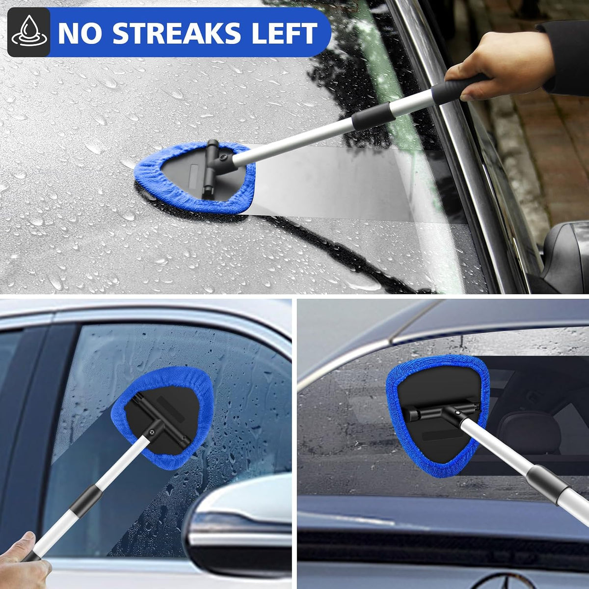 Windshield Cleaning Tool, 23-inch Extendable Handle Car Window Cleaner with 4 Reusable and Washable Microfiber Pads, Auto Glass Wiper Kit for Interior & Exterior, Ideal for Dirty Car Windows, Blue