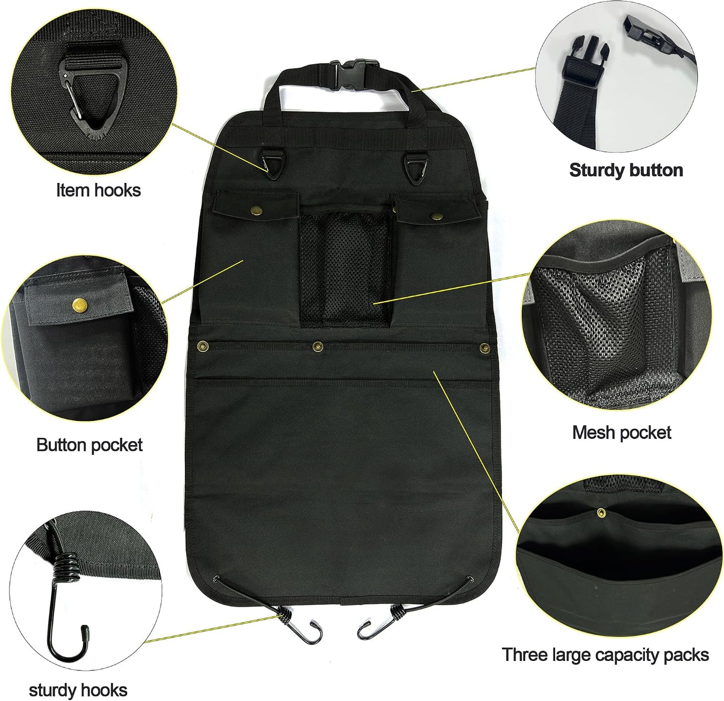 Black Car Seat Back Organizer with Multiple Pockets and Hooks