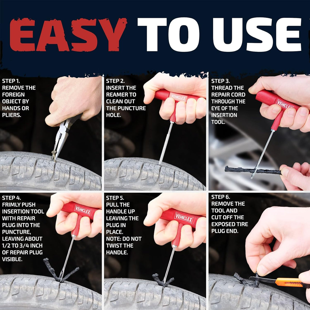 Vehiclex Tubeless Tire Repair Kit with Aluminum T Handle Tools and Pliers