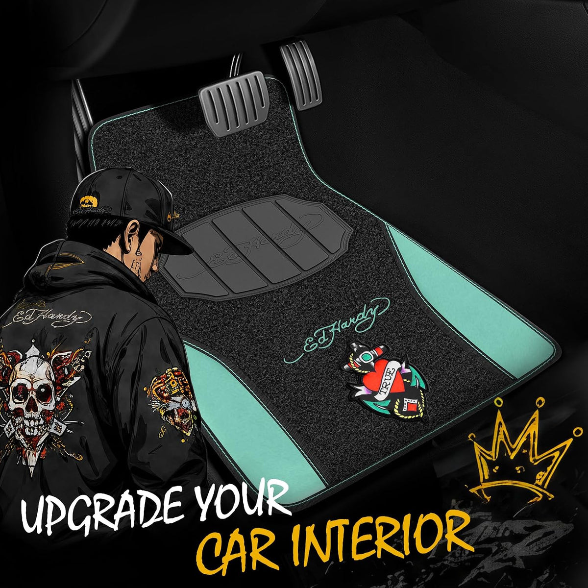 ED HARDY Heart Print Car Floor Mats, Carpet Floor Mats with Mint Leather Design, Automotive Car Mats with Built-in Heel Pad & Anti-Slip Backing, Fits Most Cars, SUVs & Trucks, Durable & Odorless