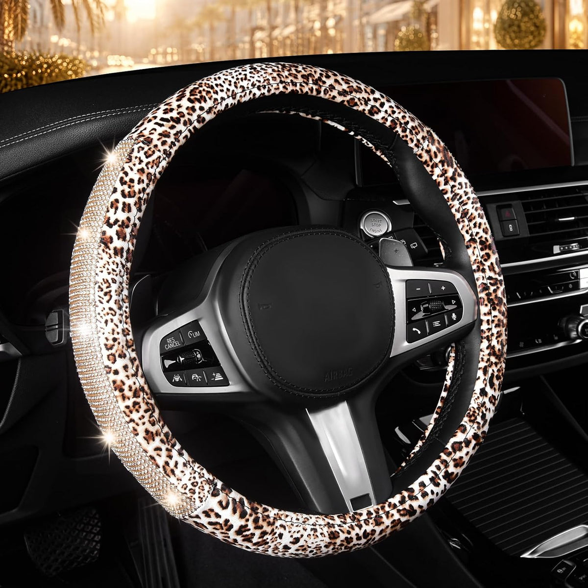 AUTOYOUTH Leopard Print Steering Wheel Cover - Bling Crystal Rhinestones Cheetah Print on PVC Leather Non-Slip Breathable Design for Women/Girls Universal Fit 14.5-15 Inch