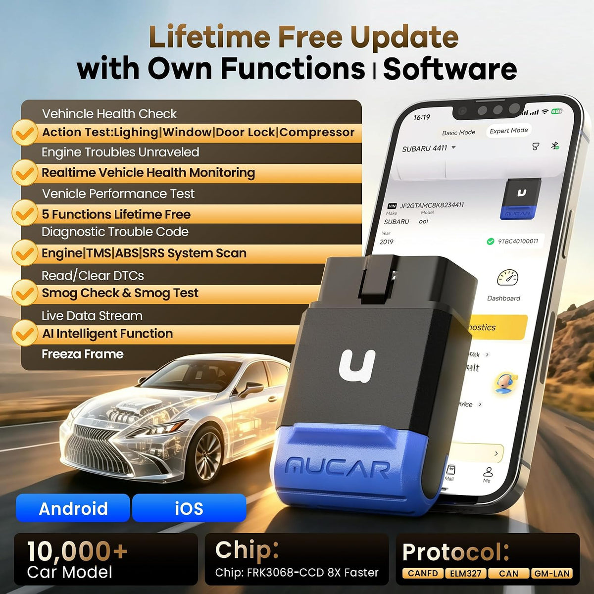 MUCAR BT200 Smart AI-Assisted OBD2 Scanner Bluetooth, OIL TPMS BRAKE BMS SAS Reset with Engine/TMS/ABS/SRS System for iOS & Android, Vehicle Health Check, Smog Check, Active Test, Lifetime Free Update