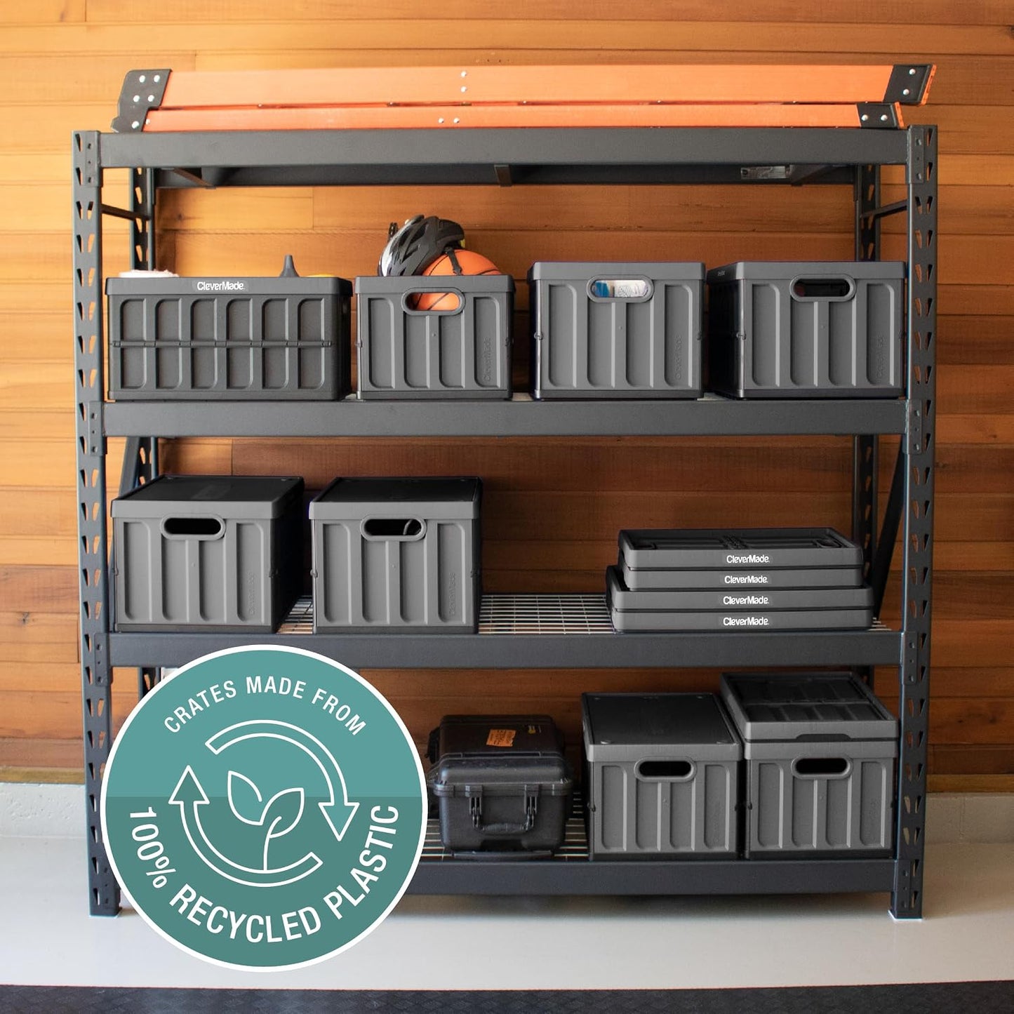 CleverMade Collapsible Plastic Storage Bins with Lids, 46L 3 Pack, Stone | Integrated grips simplify carrying through garages, closets and trunks, with a stack-ready shape that keeps supplies orderly