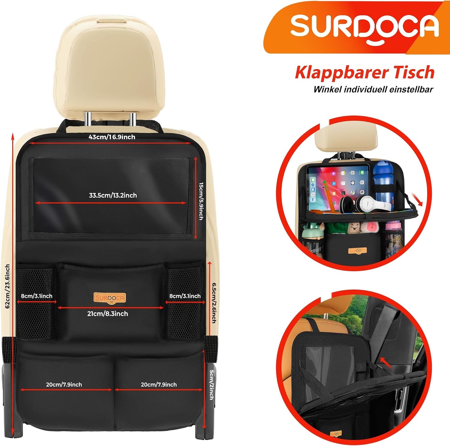 SURDOCA Backseat Car Organizer with Foldable Tray for Kids & Adults – NEW MODEL Seat Storage with Touchable Tablet Pocket, Roadtrip Essentials – Fits Most Vehicles
