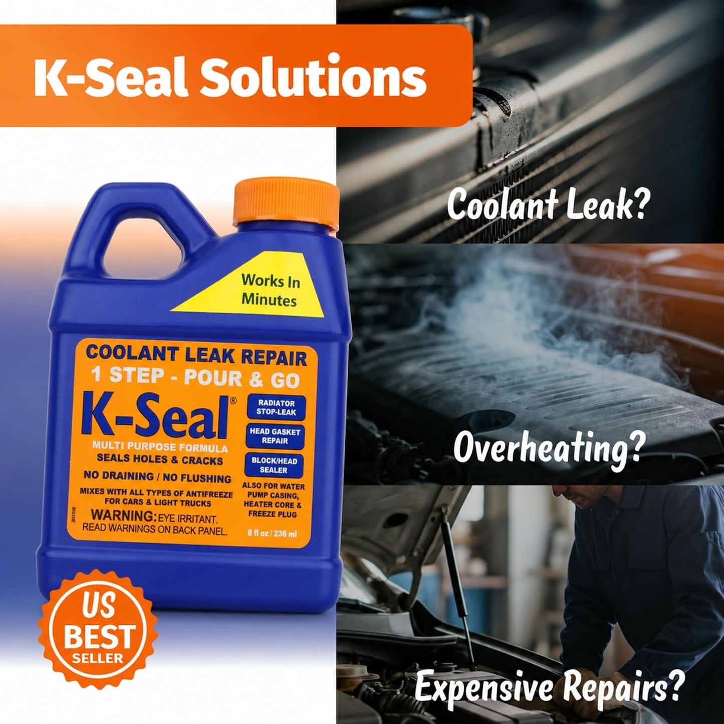 K-Seal ST5501 Multi-Purpose One Step Coolant Leak Repair, 8oz, Pour and Go, Mixes with All Antifreeze, No Flushing Required