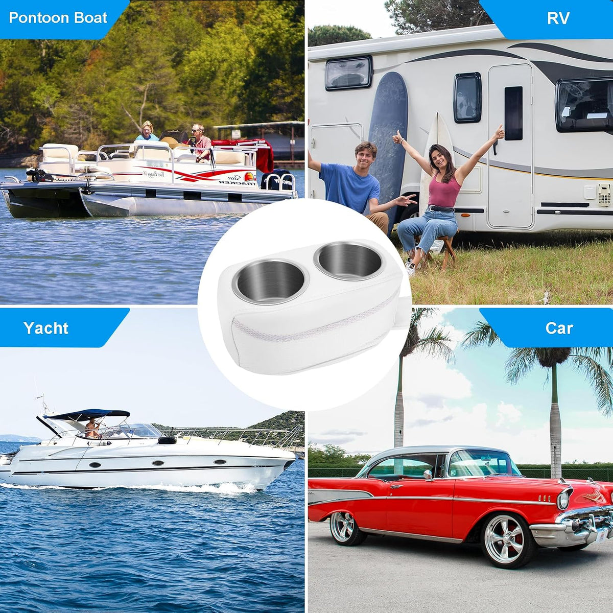 Pontoon Cup Holder, Double Drink Holder for Boat, Stainless Steel Cup Holders for Pontoon Boat, Yacht, RV,Car (White)