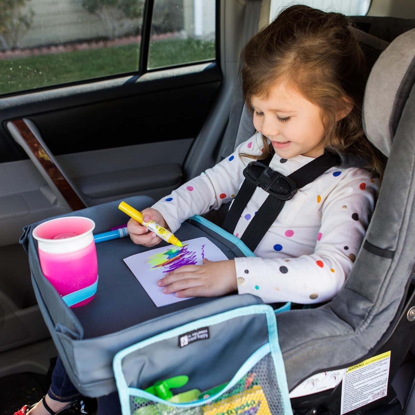 J.L. Childress 3-IN-1 Kids Travel Tray & Tablet Holder - Car Seat Lap Tray Desk for Toddlers, Road Trip Essentials, Car Seat Activity Table, Travel Accessories - Grey/Teal