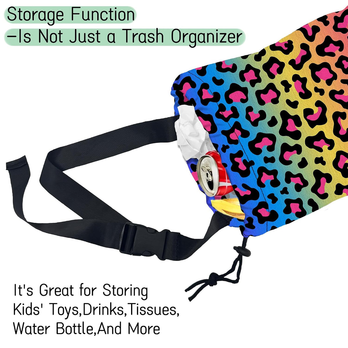 Rainbow Leopard Car Trash Bag,Neon Leopard Hanging Drawstring Car Garbage Bag, Waterproof Canvas Car Back Seat Organizer with Adjustable Buckle, for Vehicles, SUVs, Camping, Road Trips