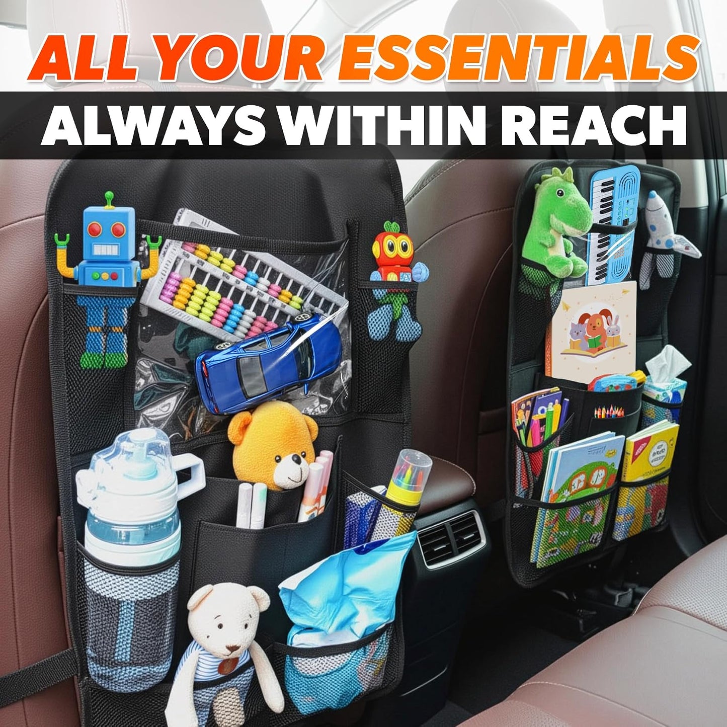 2 Pcs Backseat Car Organizer - Travel-Ready 23.4x16" Back Seat Car Organizer with 9 Large Pockets and Clear Tablet Holder, Made from Polyester with Adjustable Straps - Easy to Attach and Clean