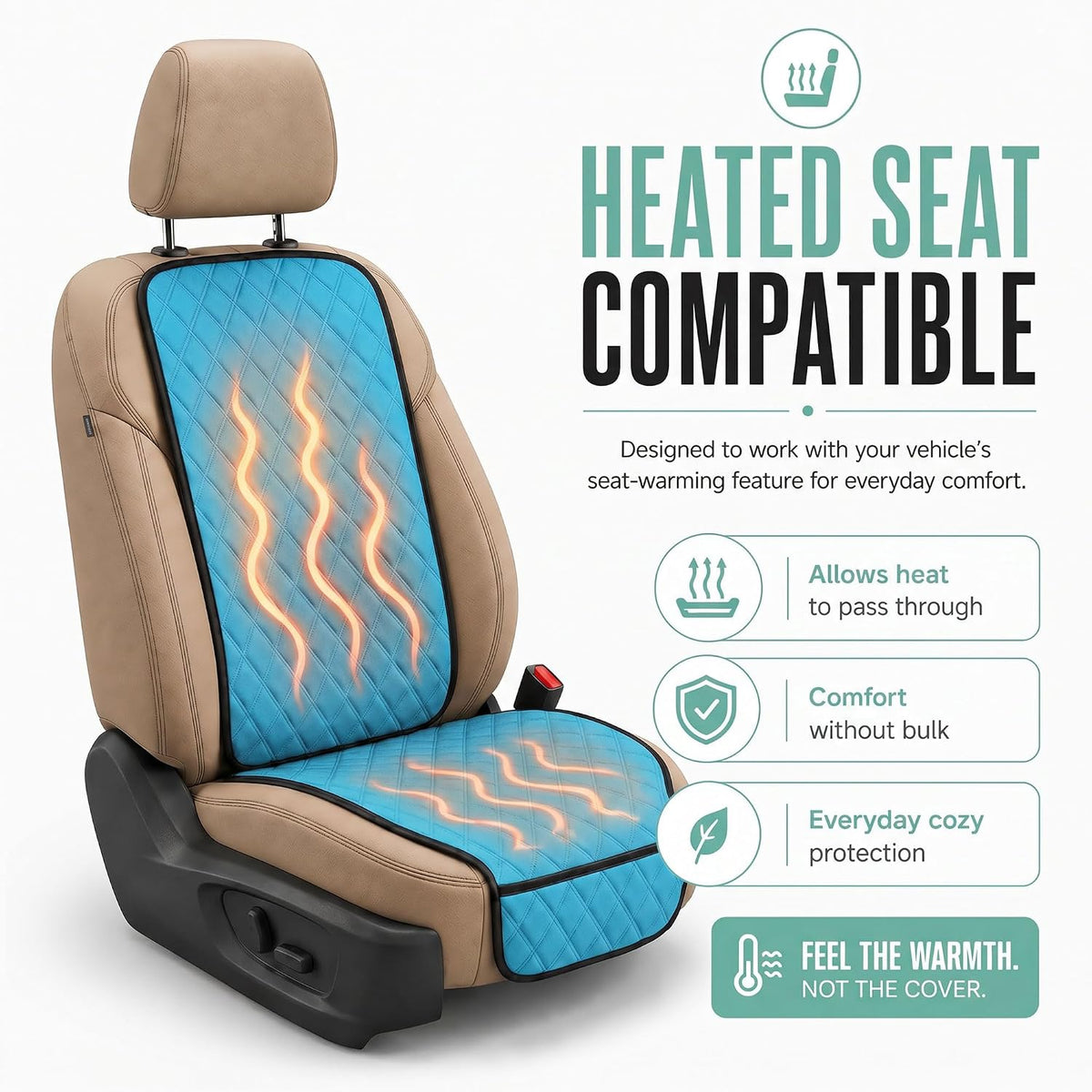 FH Group Car Seat Cushion – Neosupreme Single Front Seat Cover with Front Pockets, Airbag Compatible, Universal Fit Car Seat Cushion for Driver or Passenger Seat, SUV, Truck, Sedan & Van – Aqua