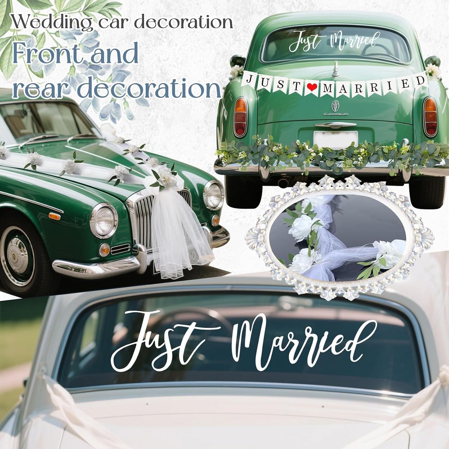 Just Married Car Decorations Kit Wedding Car Decor with Artificial White Roses Banner Flower Vine Tulle Ribbon Sign Stickers Getaway Car Accessories for Bride and Groom Send Off SUV Truck