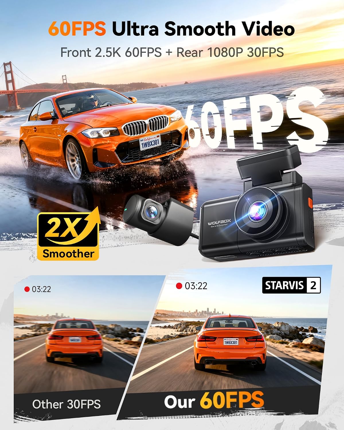 WOLFBOX X3 2.5K 60FPS +1080P Dash Camera, STARVIS 2 IMX675 with ADAS