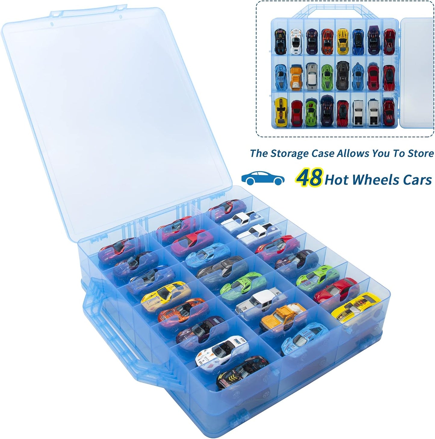 Double Sided Storage Case for 48 Cars, Matchbox Cars, Mini Toys, Small Dolls - Portable Transparent Case (Blue)