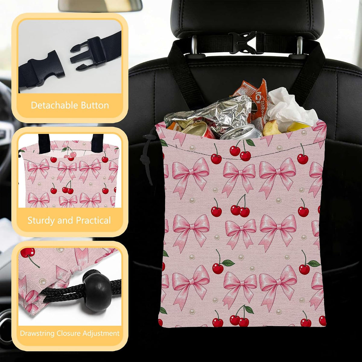 Car Trash Bag Waterproof Hanging Car Garbage Bag Pink Bow Cherry