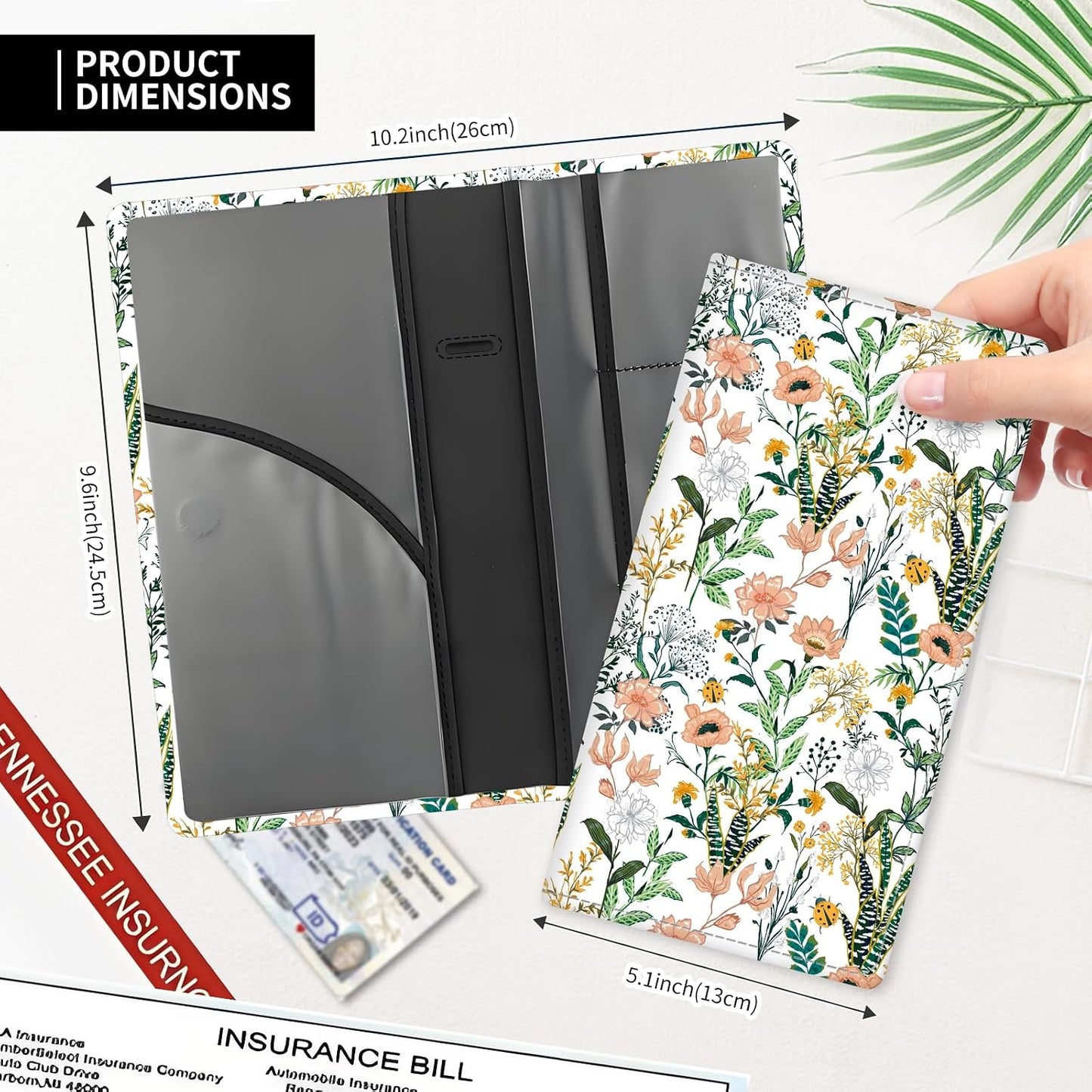 Leather Car Registration and Insurance Card Holder, Cute Car Accessories Vehicle Glove Box Car Organizer for Documents, Cards, License Beautiful Floral
