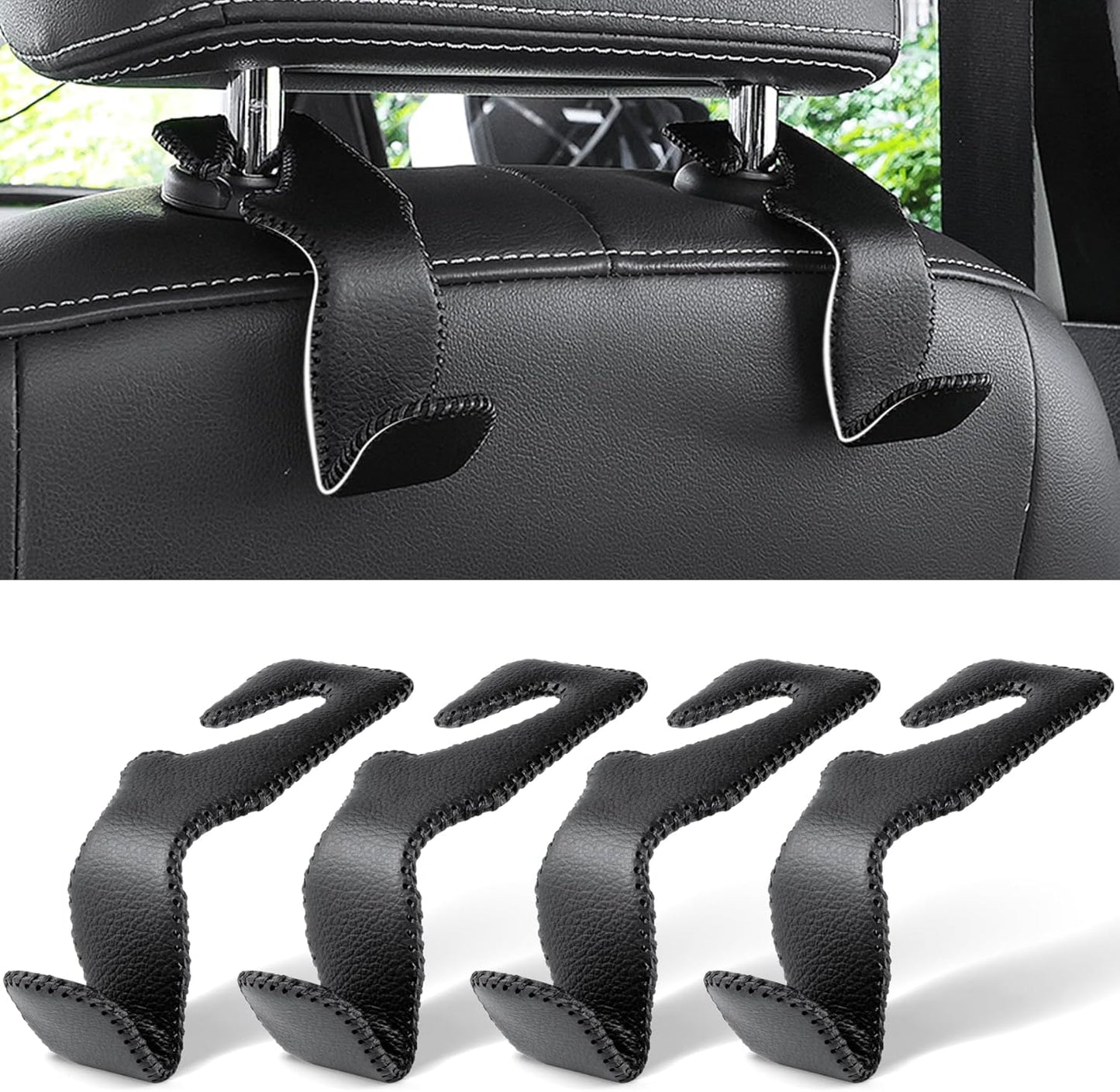 LivTee Headrest Hook for Car, Back Seat Organizer Black Leather Hanger Holder Hook, Interior Car Accessories for Hanging Purses Bags Coats, 4 Pack