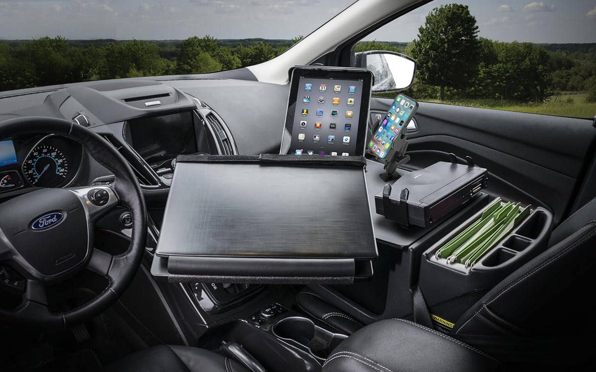 AutoExec Reach Desk Front Seat Car Desk and Portable Workstation with Printer Stand, Phone Mount, Tablet Mount and Phone Vent Clip, Black