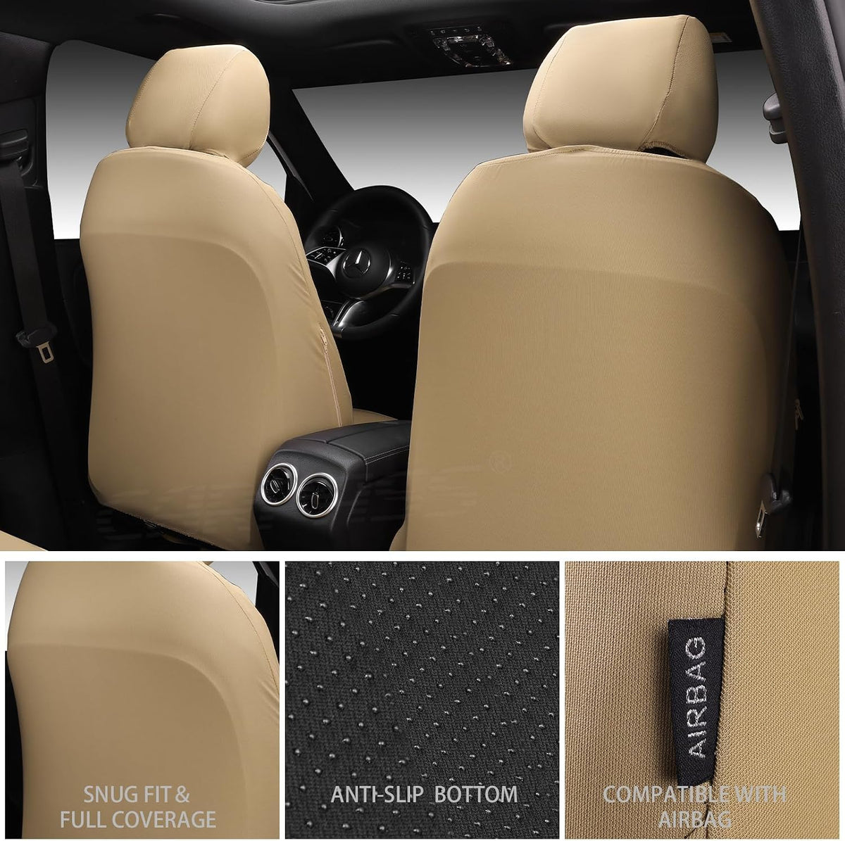 CAR PASS Neoprene Waterproof Seat Covers Full Sets, Wetsuit Car Seat Covers 5 Seats Universal Fit for Vans, Truck, SUV, 3D Tyre Embossed Seat Covers Anti Slip with Armrests, Aibag Compatible All Beige