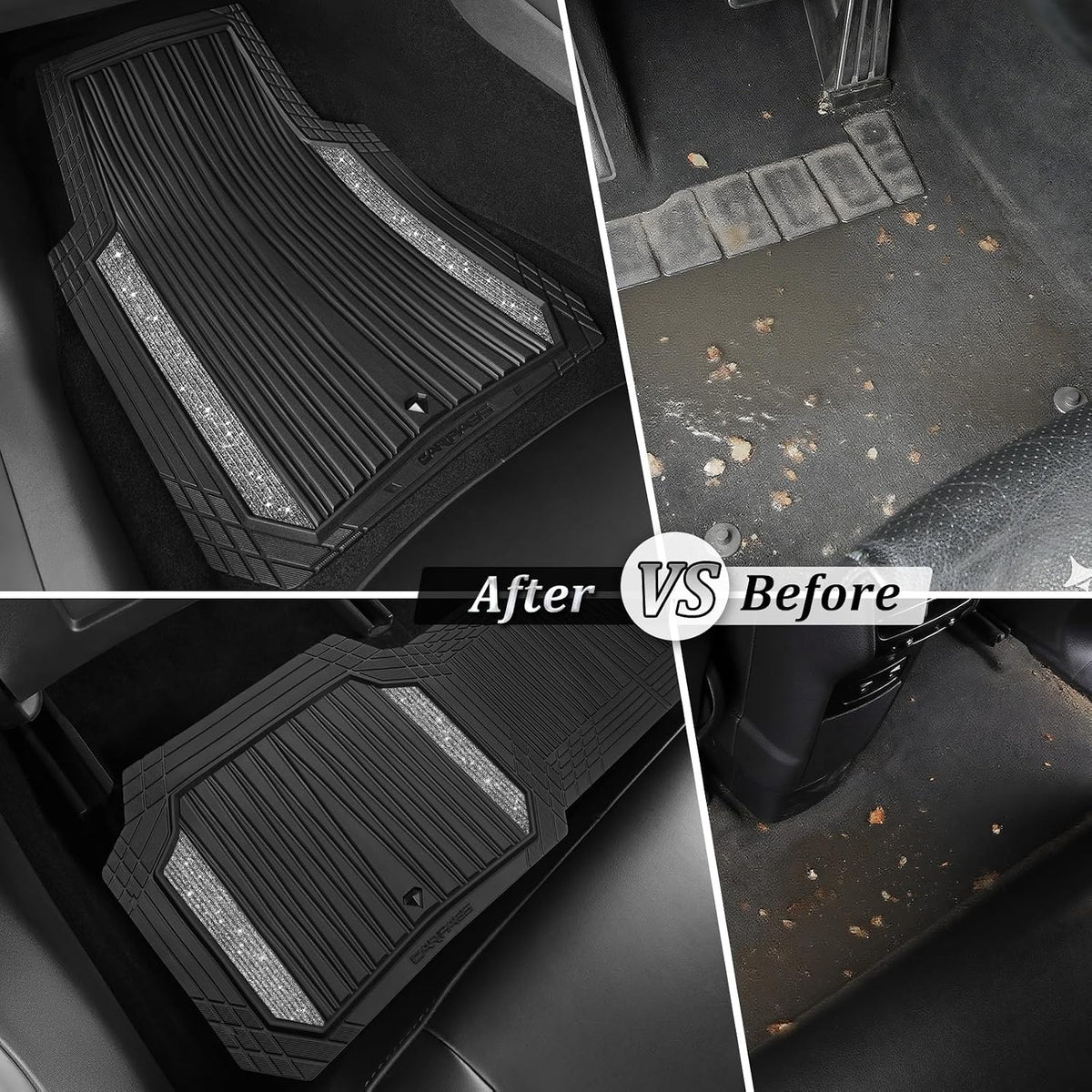 CAR PASS Bling Glitter Car Floor Mats Heavy Rubber Water Proof,Black Silver