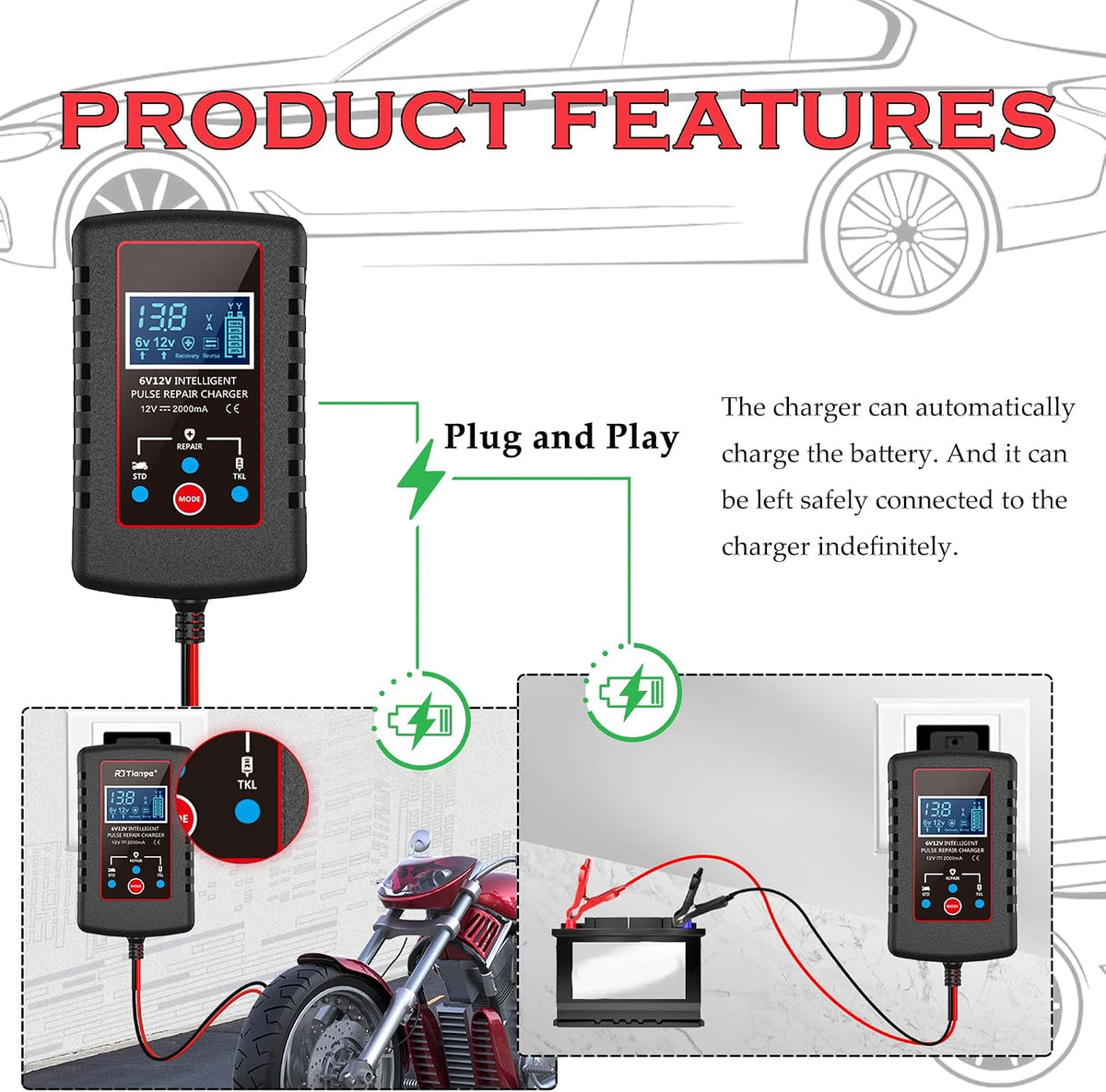 Trickle Charger for Car Battery 12V/6V,Smart Automatic Motorcycle Battery Charger with SAE Cable,Universal Battery Maintainer Car Accessories for Most Cars Trucks Motorcycles