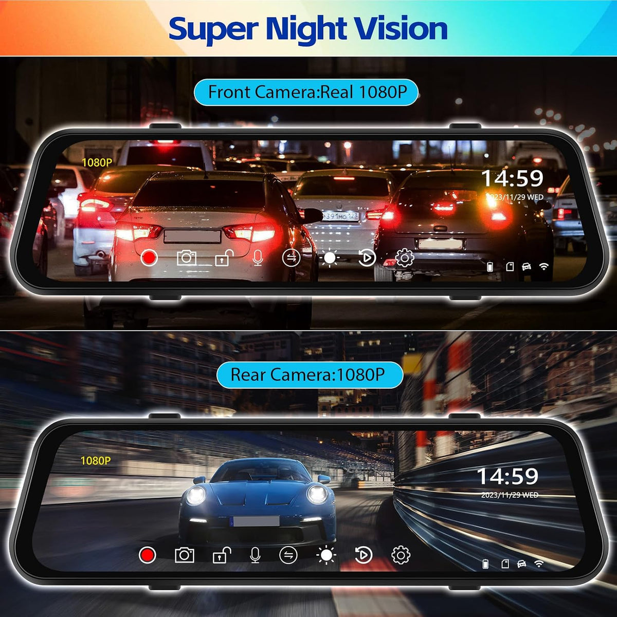 1080P Mirror Dash Cam 9.66" 3 Channel Front Rear Inside View Mirror Camera