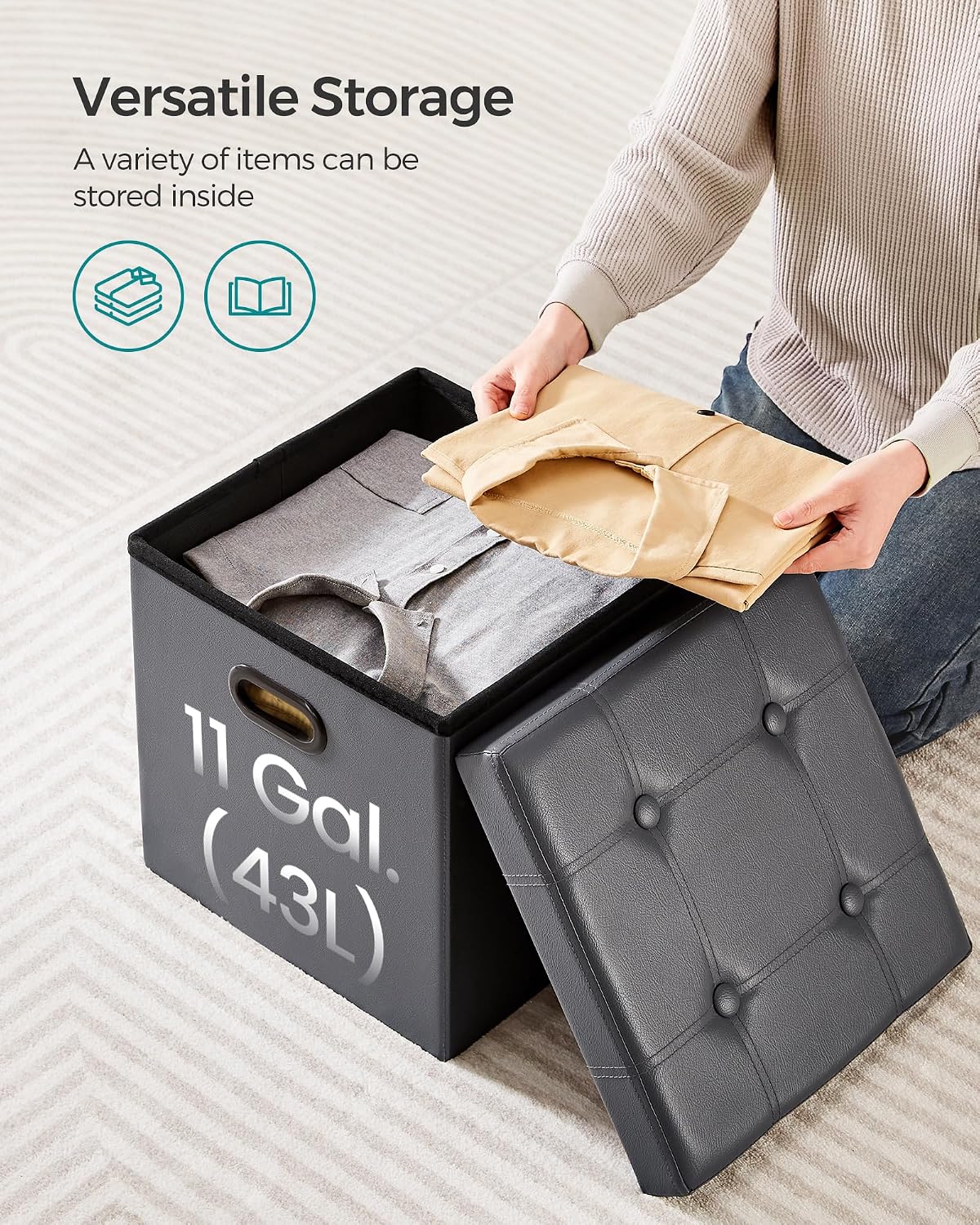 SONGMICS 15 Inches Folding Storage Ottoman, Cube Footrest