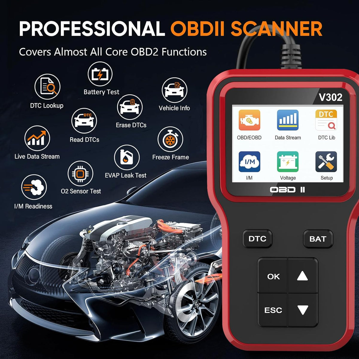 OBD2 Scanner and Battery Tester, Vehicle Code Reader for Check Engine Light
