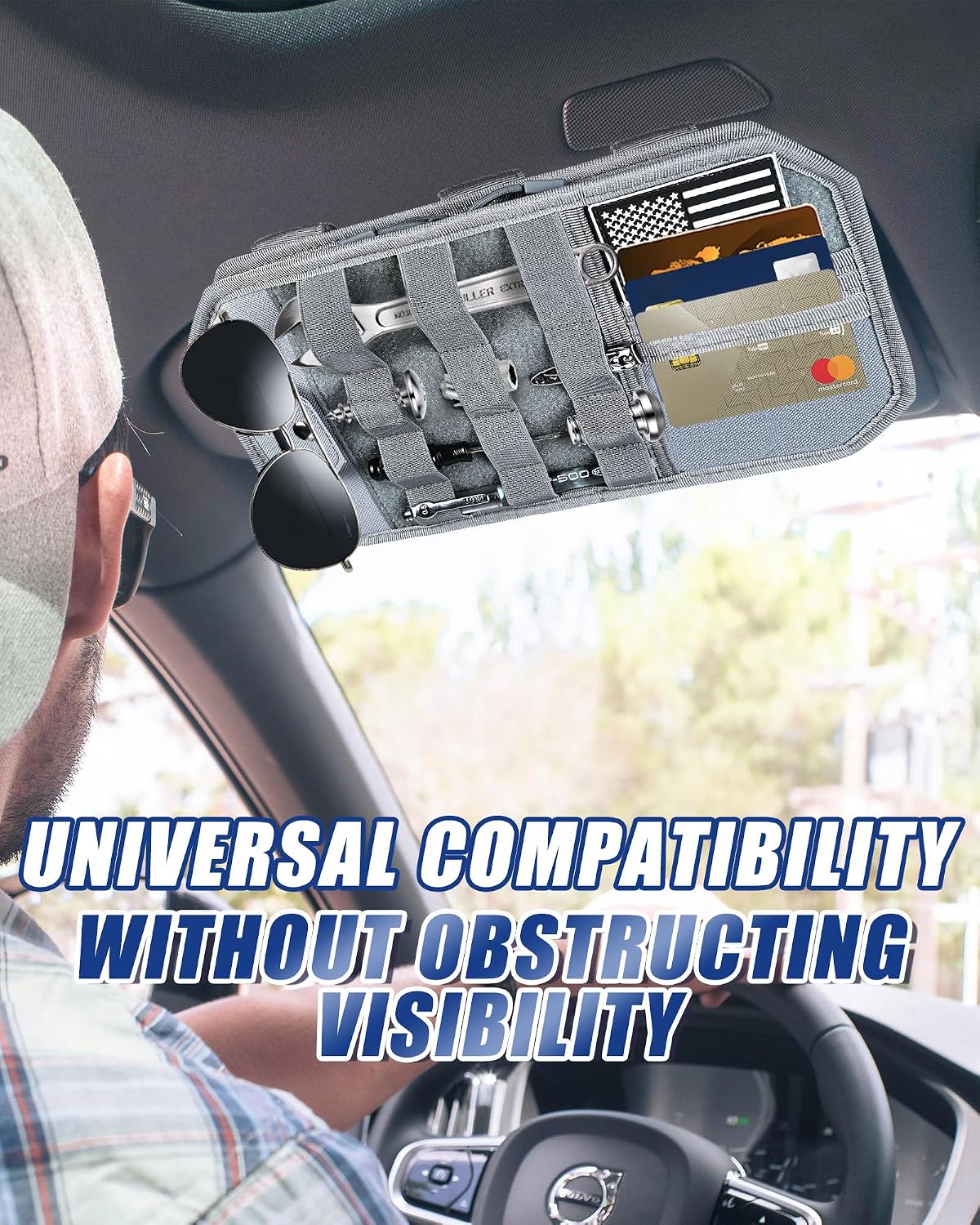 Heavy Duty Molle Car Sun Visor Organizer Tactical Pounch with Flag and Glasses Clip Store Your Daily Items for Most Cars, Trucks, SUVs, Compacts, 12.8"x6.9"x1.2" (Gray)