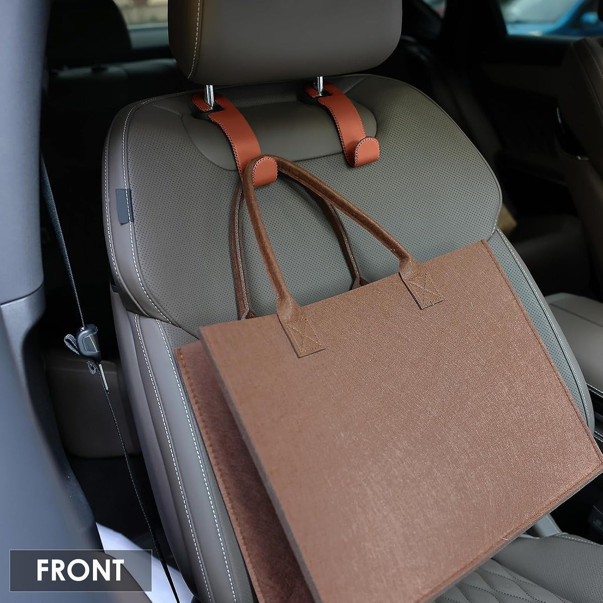 AMVOYOA Leather Hooks for Headrest - Fully Leather-Wrapped U-Shaped Purse Holder for Car, Flexible Seat Back Organizer & Durable Car Accessories for Purses, Bags, Coats & More (Brown, 2 Pack)