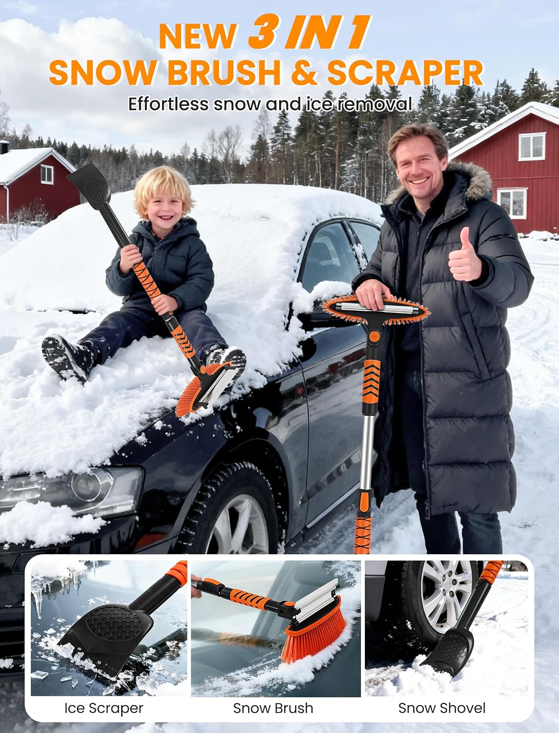 Ordenado 43" Snow Brush and Ice Scraper - Extendable Snow Scrapers and Cleaner for Car Windshield, 180° Pivoting Window Snowbrush with Foam Grip, Long Winter Broom Brushes for SUV, Truck, Auto Vehicle