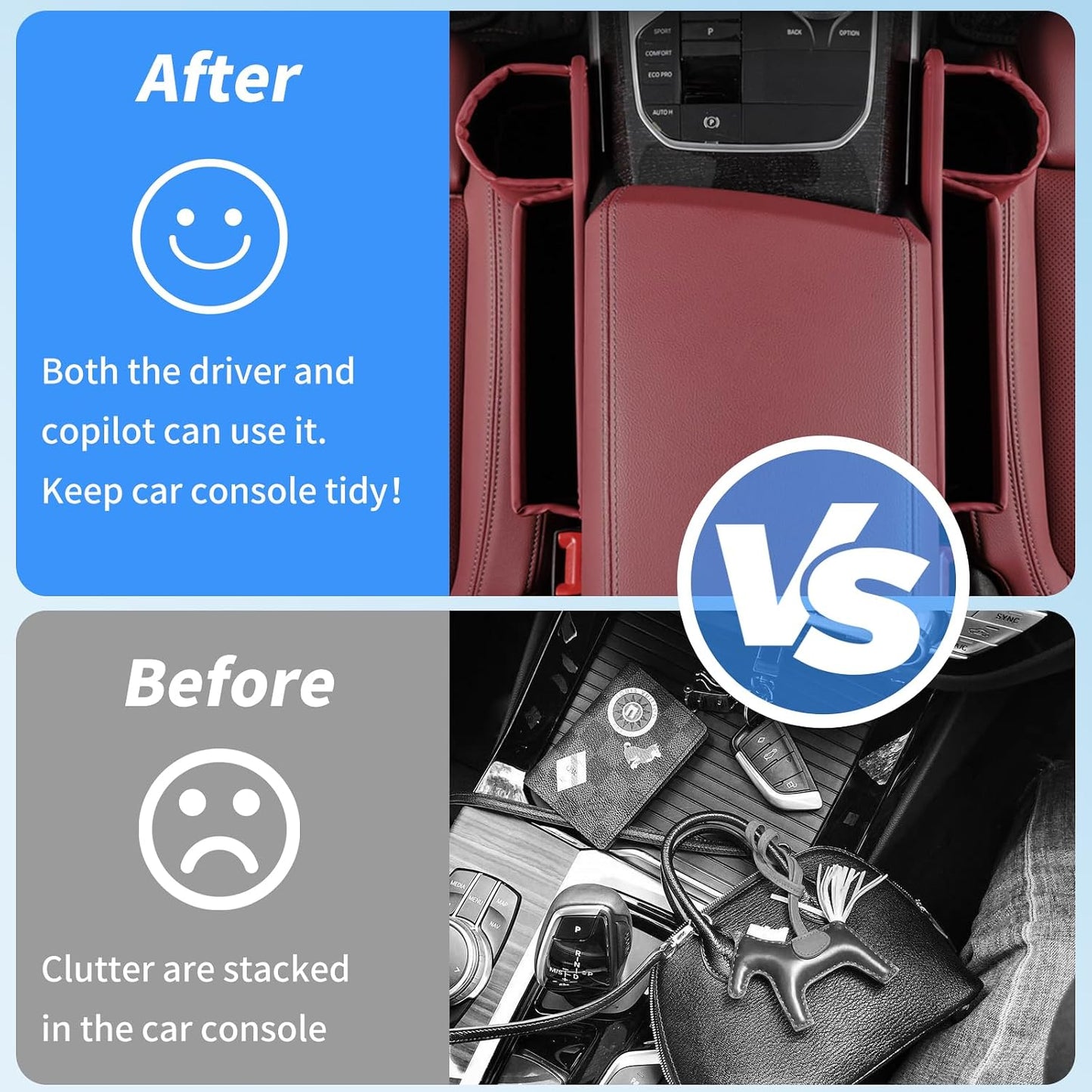 Kwak's Car Seat Gap Filler 2 Pack, PU Leather Organizer with Cup Holder Red | Fits gaps 0.2–1.2 inches| Blocks Dropped Items | Holds Cups Up To 2.8"| Tool-free Install | Easy to Wipe Clean