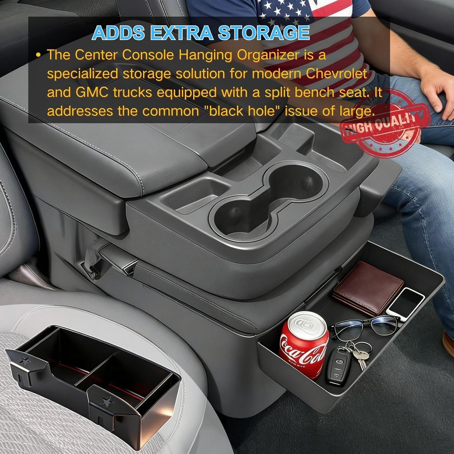 Center Console Organizer for 2019-2026 Chevy Silverado/GMC Sierra 1500 | Jump Seat Hanging Storage Box with Dividers, Expanding Storage Space Upgrade Floor Console for Truck - Interior Accessories