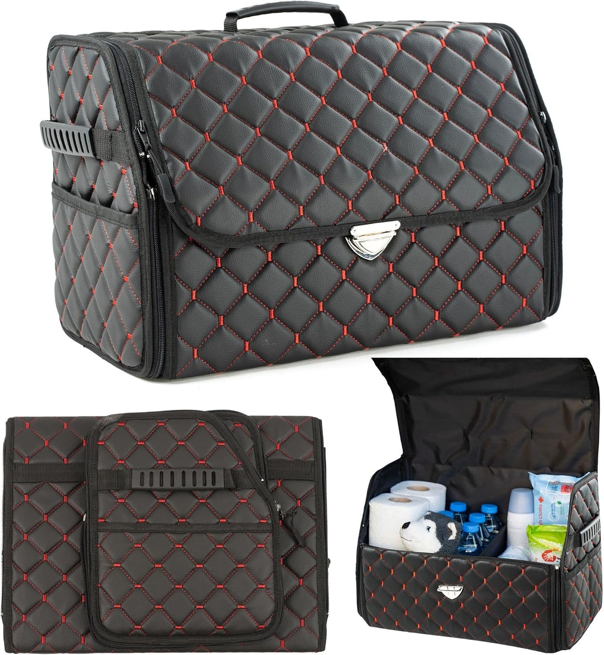 Leather Trunk Organizer with Lid for Suv and more, Foldable Car Organizer, Car Organizers and Storage with Pockets, Non-Slip Design