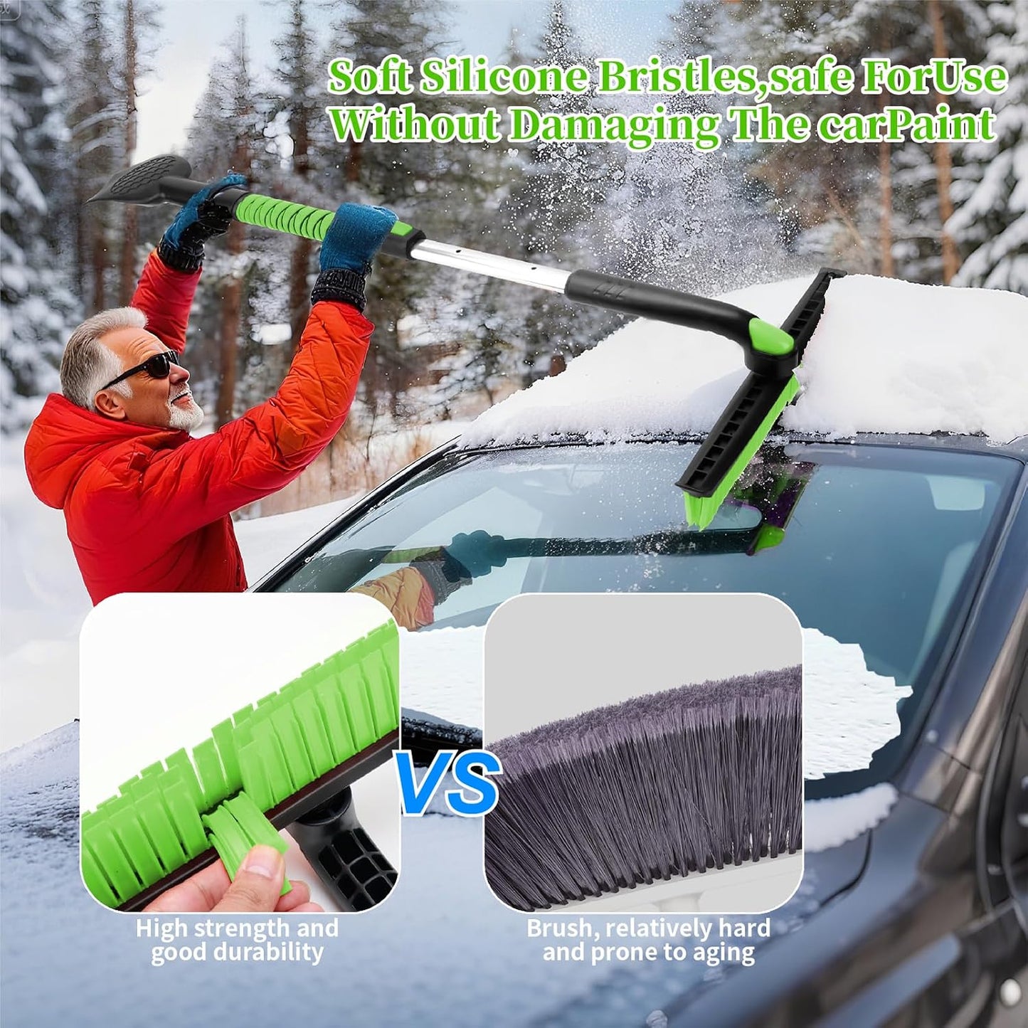 45.6" Ice Scraper and Snow Brush for Car Windshield [Silicone Bristles] ,3-in-1 Extendable Emergency Snow Shovel with Ergonomic Foam Grip and 360° Pivoting Brush Head for Christmas, Car Auto Truck SUV