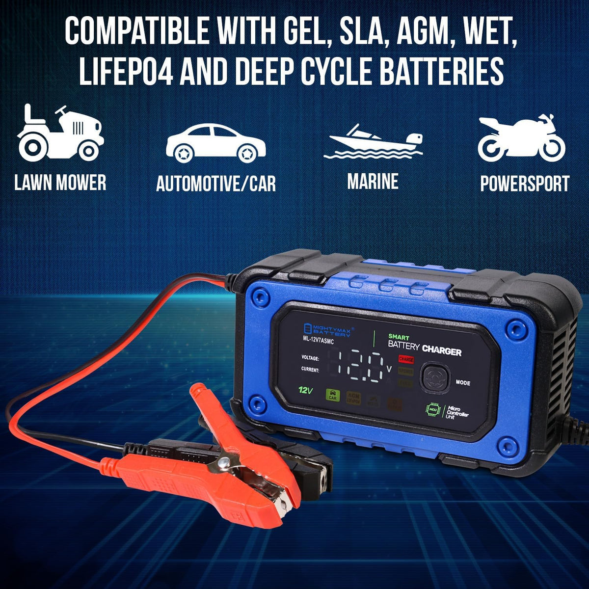 Mighty Max Battery 12V 7A Smart Battery Charger and Maintainer with Repair Mode Compatible with LiFePO4, SLA, Gel, AGM and Wet Cell Batteries
