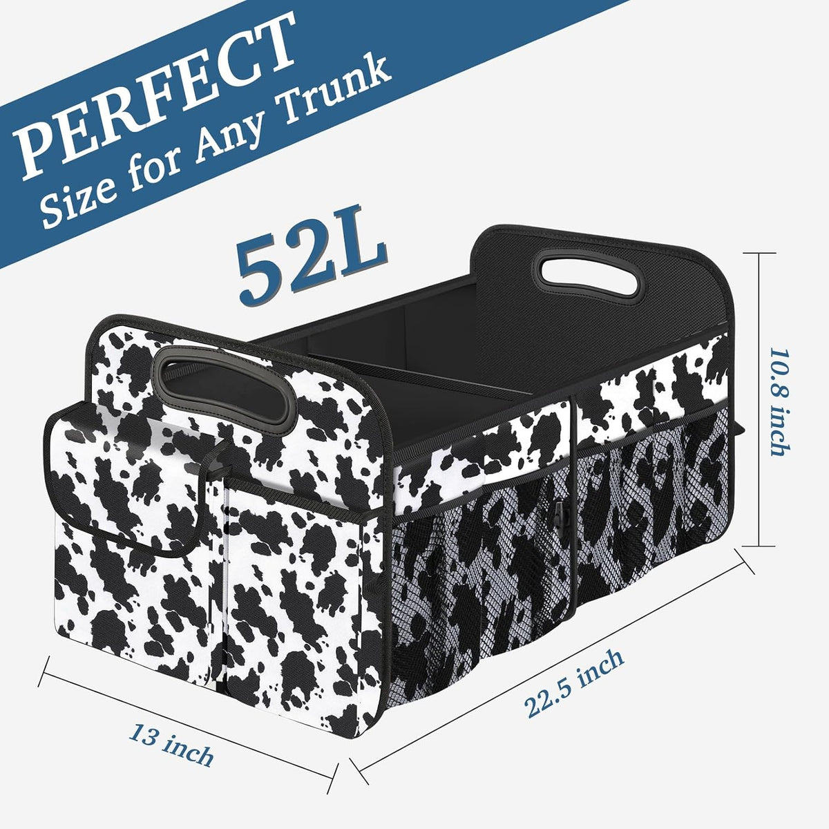 Trunk Organizer, Collapsible Trunk Organizers and Storage, Car Accessories for Women and Men, Multi-Compartment Trunk Storage Organizer for SUV, Car, Mini-Van (Cow Print, Standard)